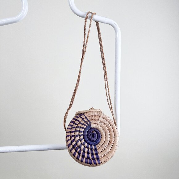 Vintage Handmade Straw Rattan Circle Purse Crossbody Shoulder Bag Boho Coastal - Picture 2 of 3